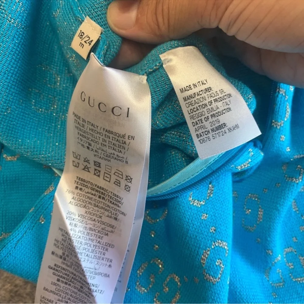 Gucci Double G Long Sleeve All In One One Piece GG Logo Gold Turquoise Onesie